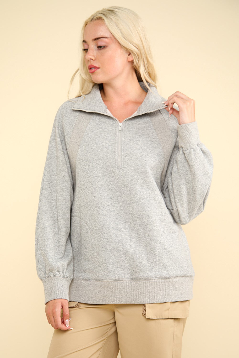 PLUS Oversized Sweatshirt Henley Knit Top - (Heather Gray)