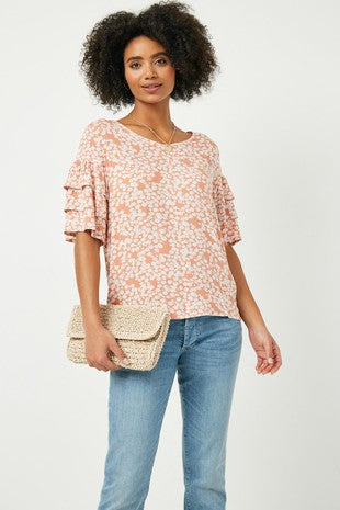 Womens Tiered Sleeve Floral Top - Salmon