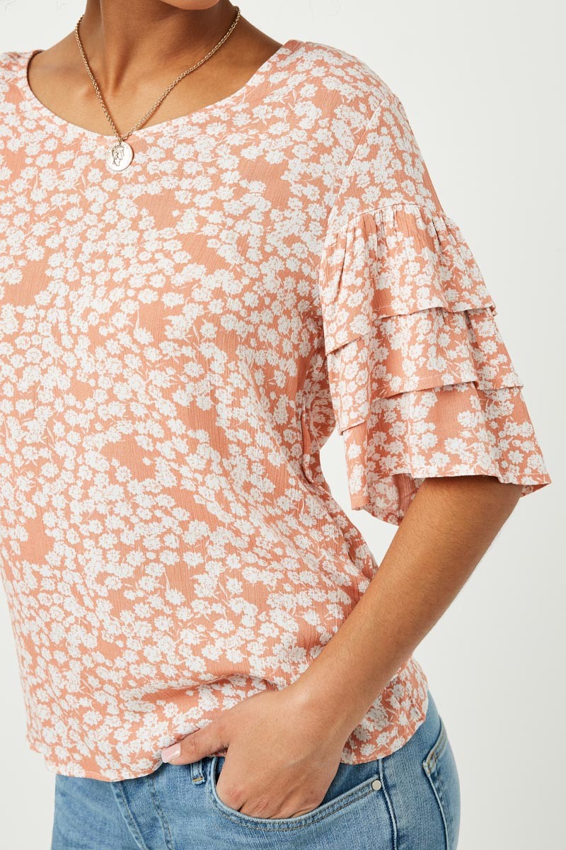 Womens Tiered Sleeve Floral Top - Salmon