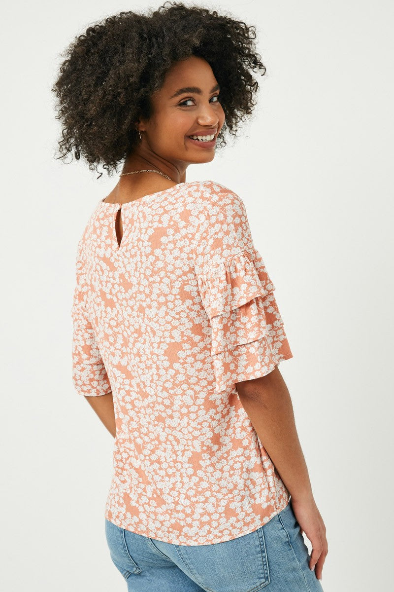 Womens Tiered Sleeve Floral Top - Salmon