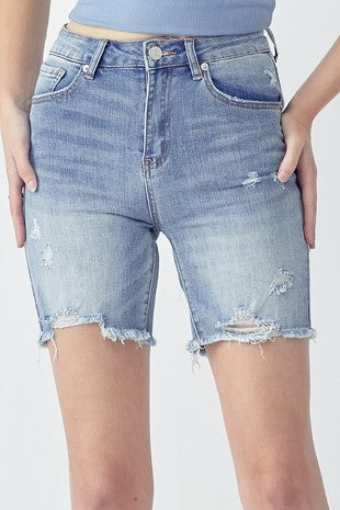 HIGH RISE DISTRESSED MID THIGH SHORTS - (Light)