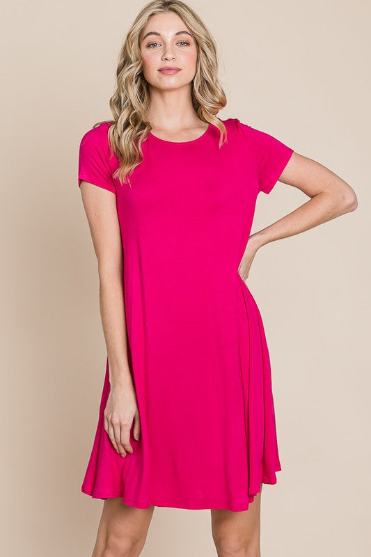 CASUAL SOLID MIDI DRESS - (Fuchsia)