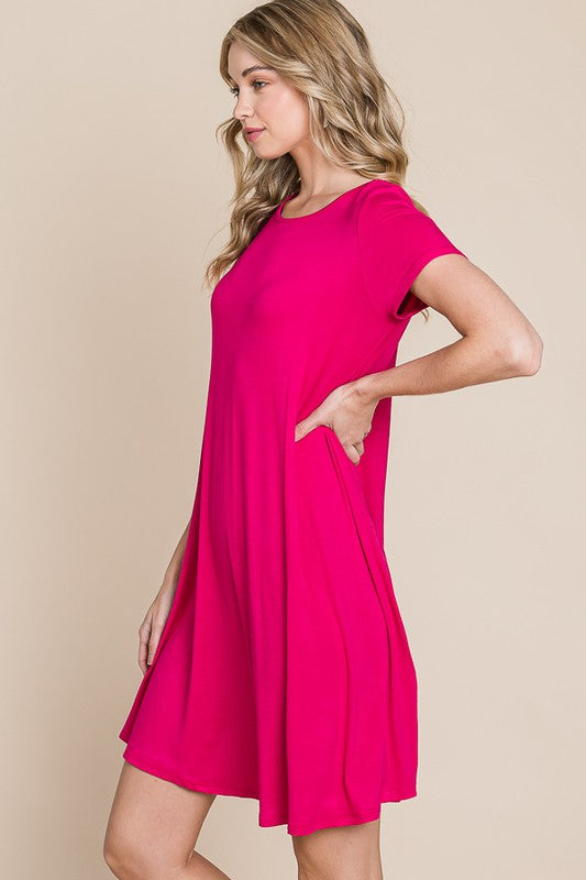 CASUAL SOLID MIDI DRESS - (Fuchsia)