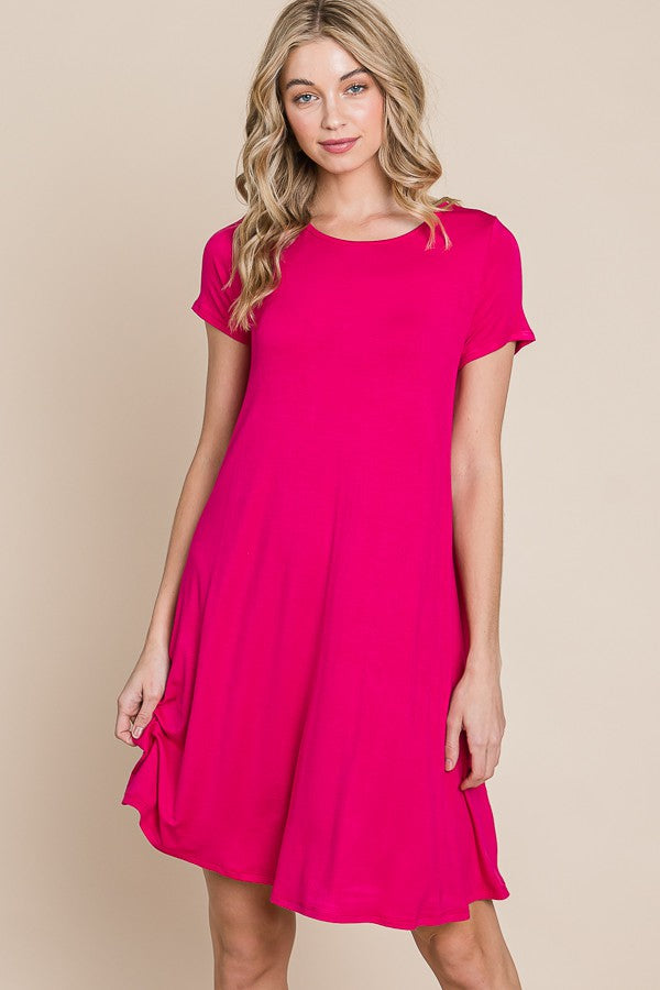 CASUAL SOLID MIDI DRESS - (Fuchsia)