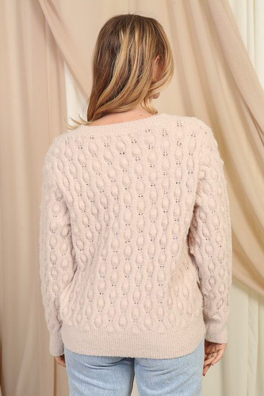 CABLE KNIT COZY SWEATER - (Light Brown)