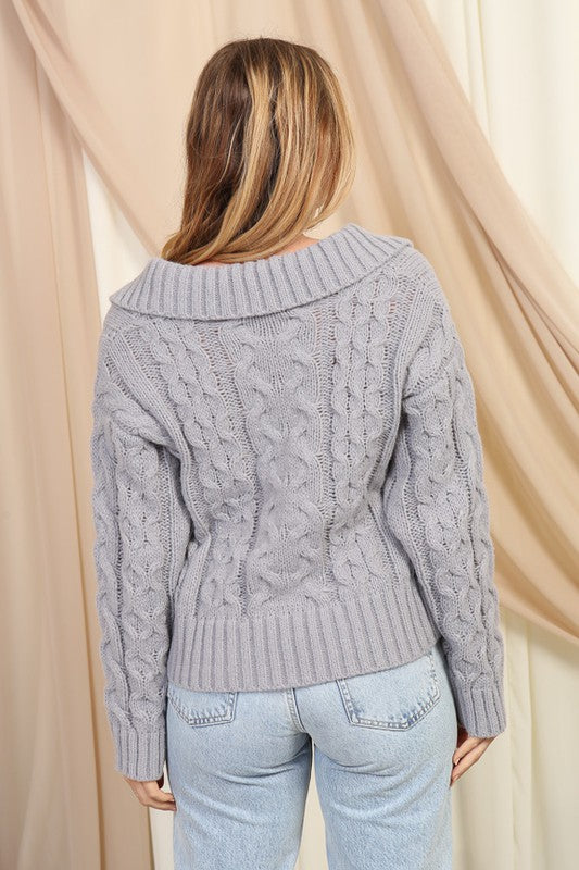 Long sleeve v-neck cable knit sweater - (Heather Grey)