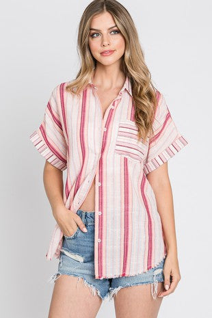 Striped Button Down Short Sleeve Top - (Pink)