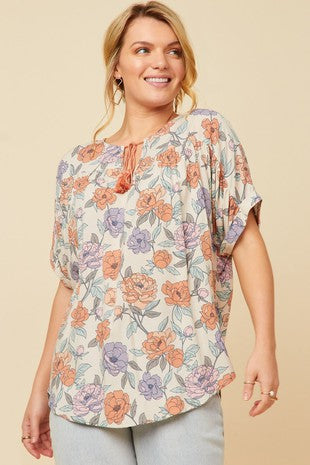 Women Romantic Floral Tassled Short Sleeve Dolman - (Ivory)