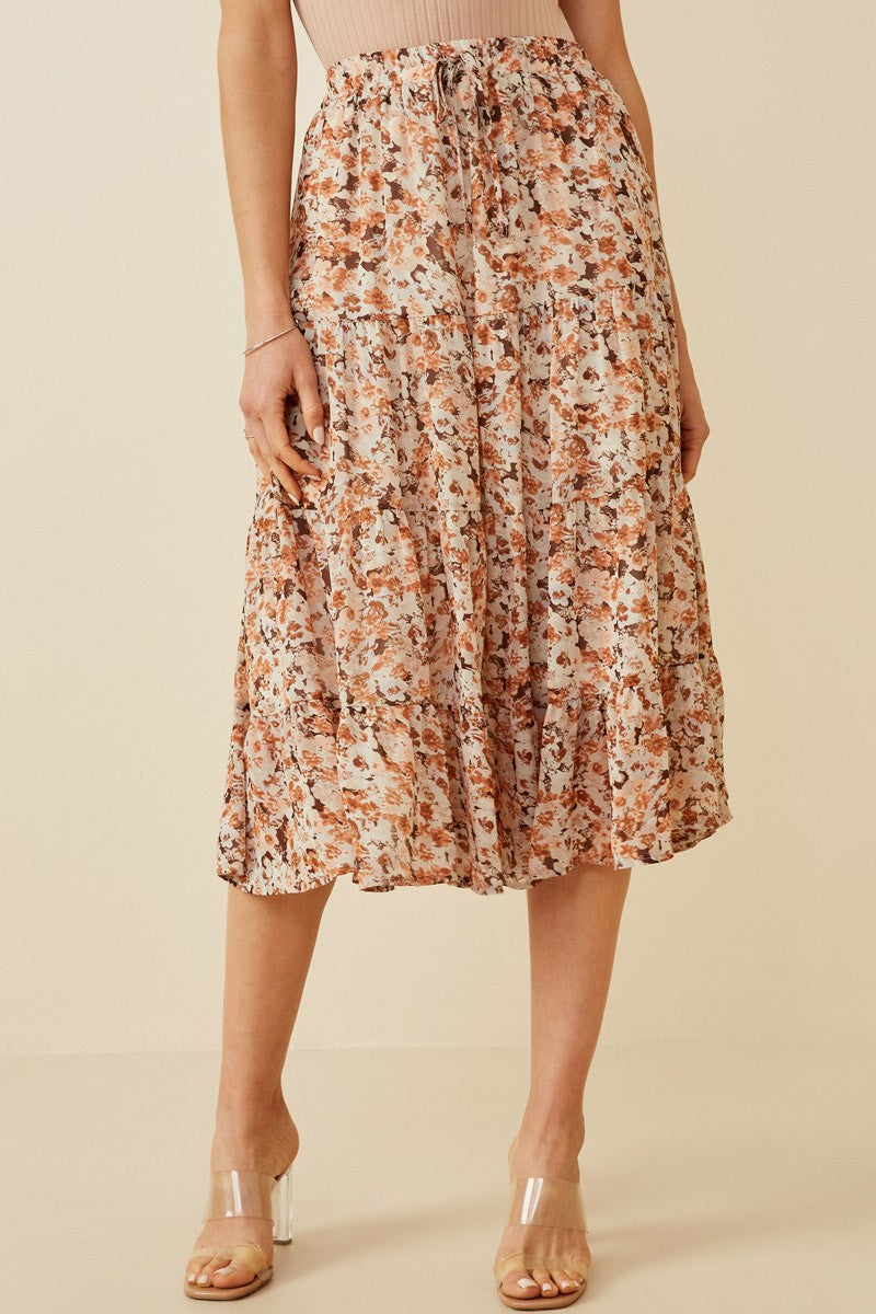 Women&#39;s Floral Printed Elastic Waist Midi Skirt - (Brown)