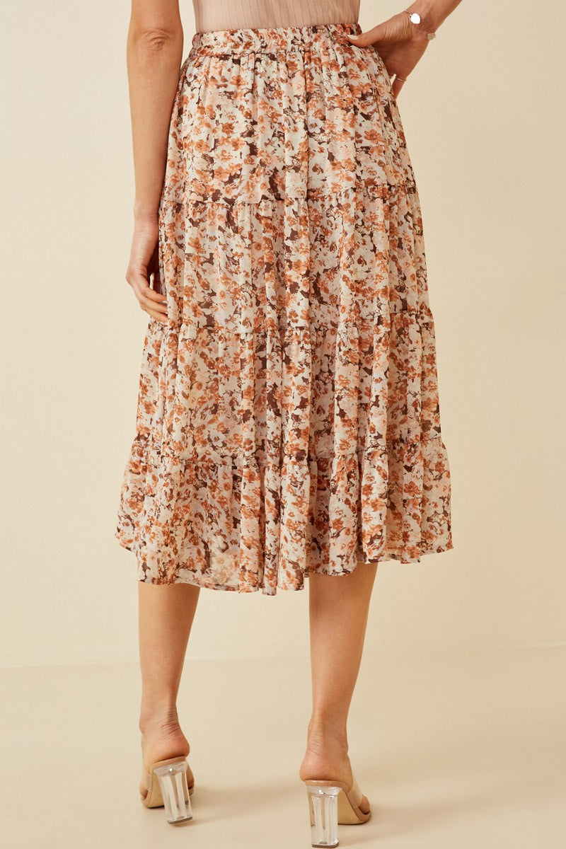 Women&#39;s Floral Printed Elastic Waist Midi Skirt - (Brown)