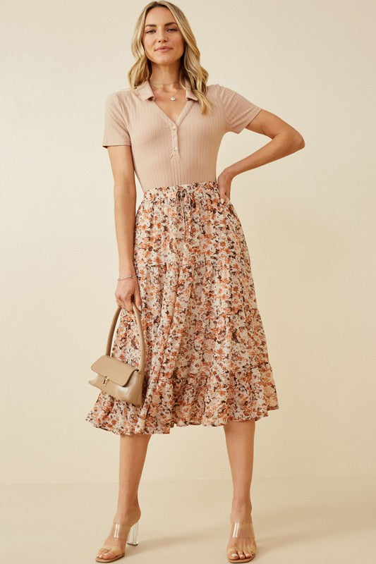 Women&#39;s Floral Printed Elastic Waist Midi Skirt - (Brown)