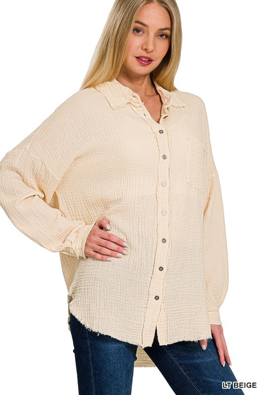 Dana Gauze Button Down - (Light Beige)