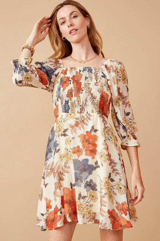 Women&#39;s Textured Floral Smocked Square Neck Dress - (Rust Mix)