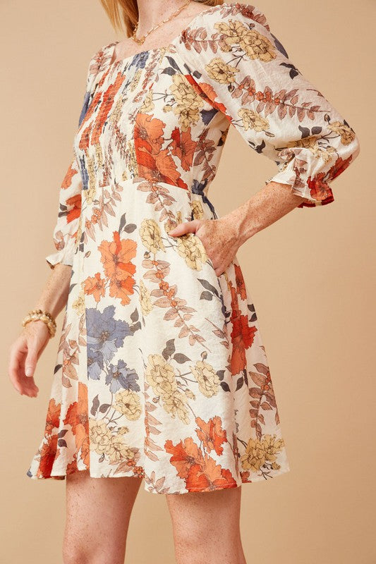 Women&#39;s Textured Floral Smocked Square Neck Dress - (Rust Mix)