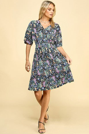 Floral Print V-Neck Half Sleeve Midi Dress - (Black)