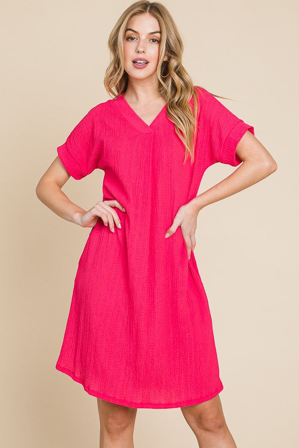 Solid Crinkle V-Neck Dress - (Fuchsia)