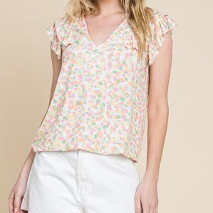 CASUAL RUFFLE TRIM TOP - (White Multi)