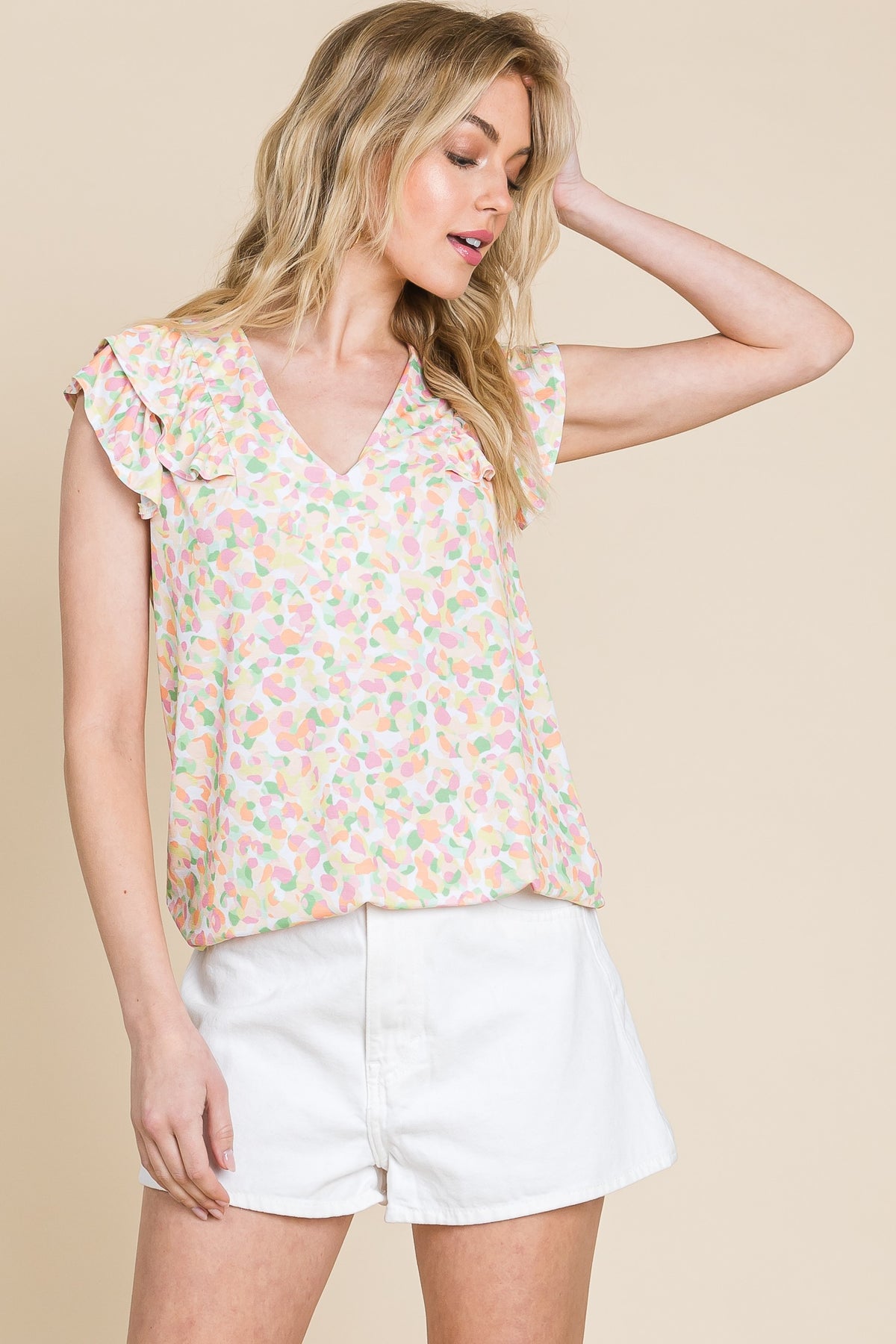 CASUAL RUFFLE TRIM TOP - (White Multi)