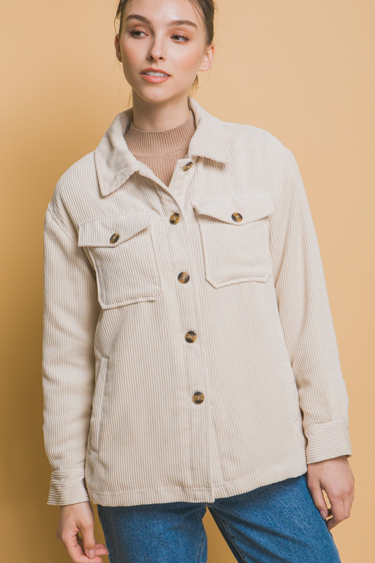 Corduroy Button Up Jacket With Sherpa - (Cream)