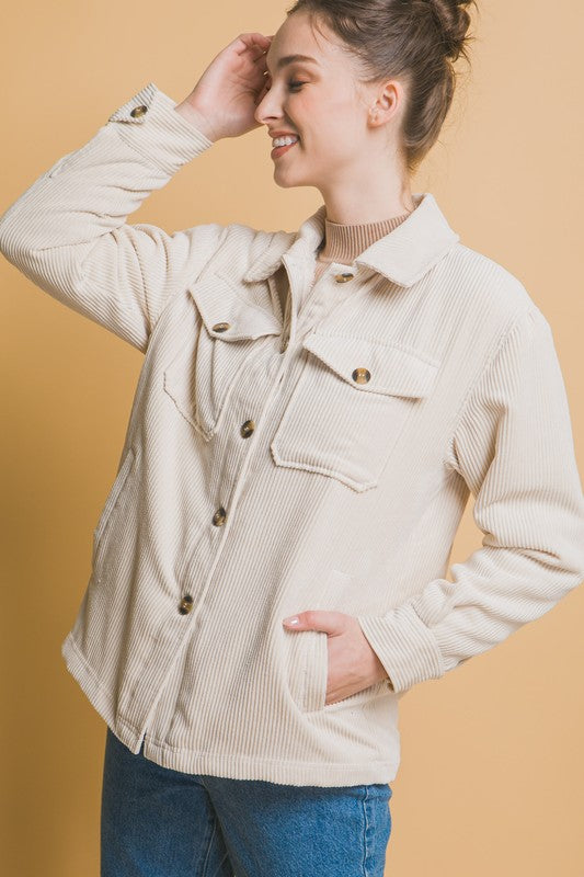 Corduroy Button Up Jacket With Sherpa - (Cream)