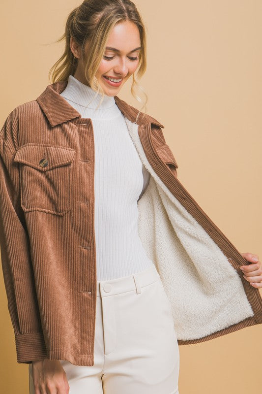 Corduroy Button Up Jacket With Sherpa - (Cocoa)