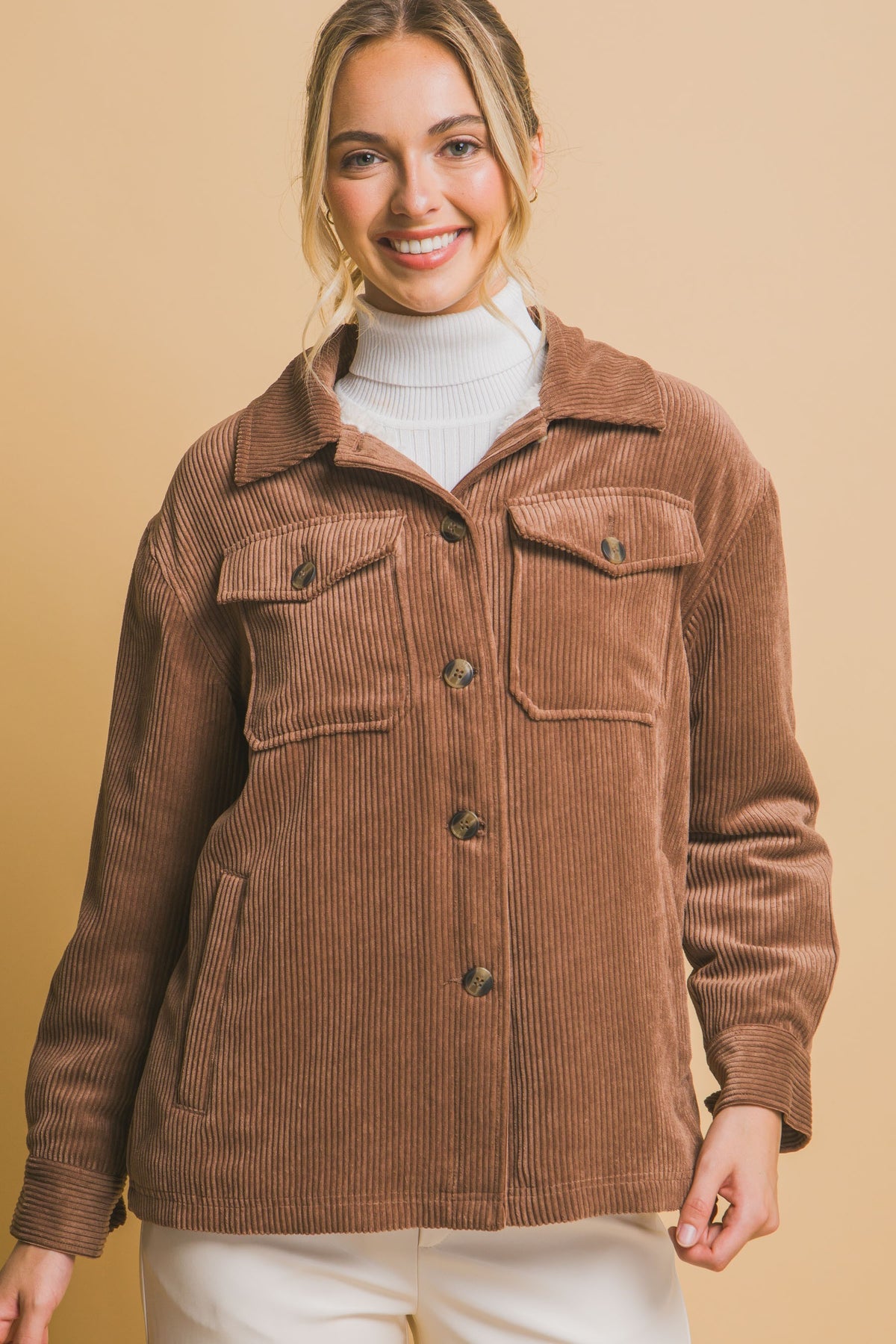 Corduroy Button Up Jacket With Sherpa - (Cocoa)