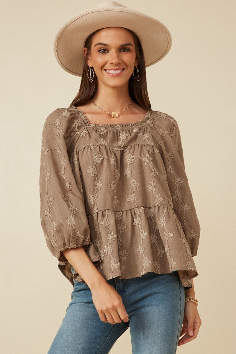 Brushed Floral Puff Sleeve Blouse - (Taupe)