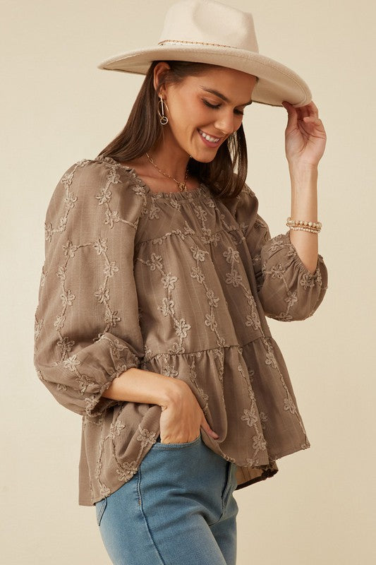 Brushed Floral Puff Sleeve Blouse - (Taupe)