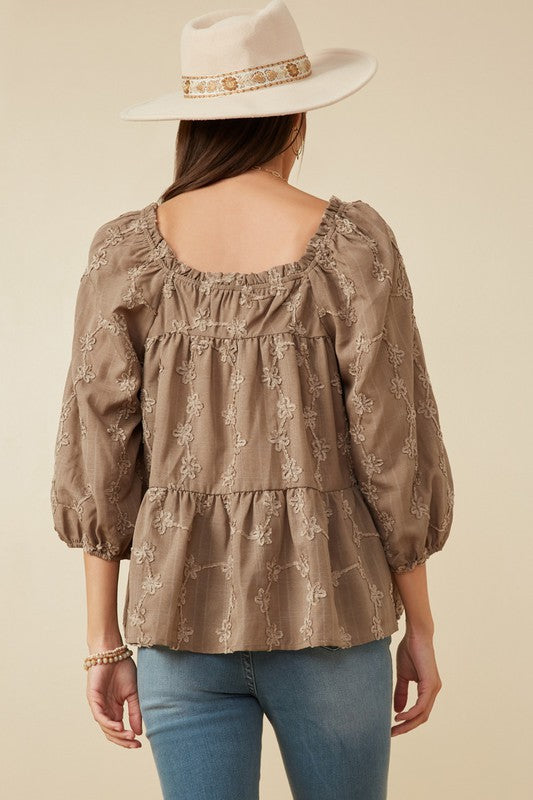 Brushed Floral Puff Sleeve Blouse - (Taupe)