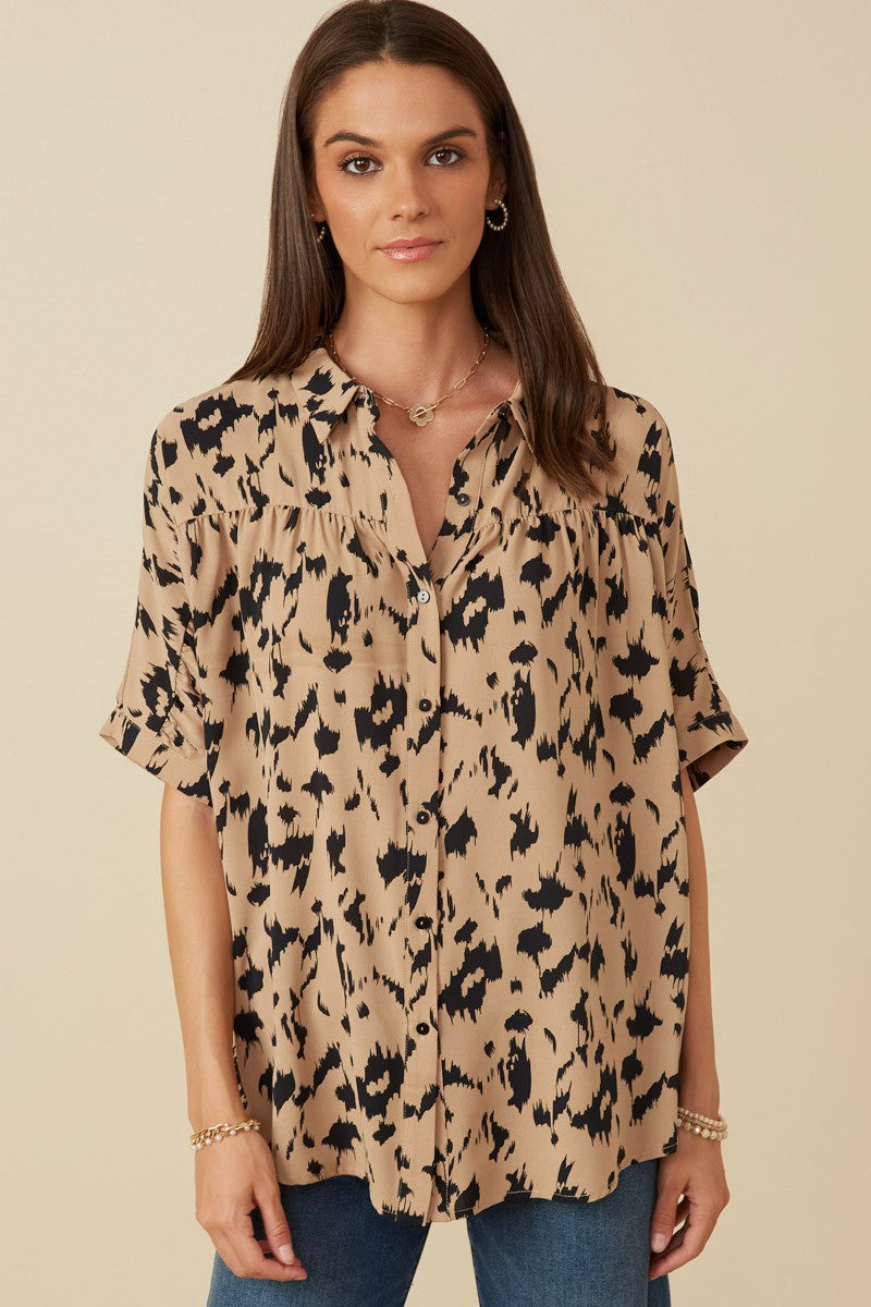 Women&#39;s Button Up Animal Print Blouse - (Taupe)