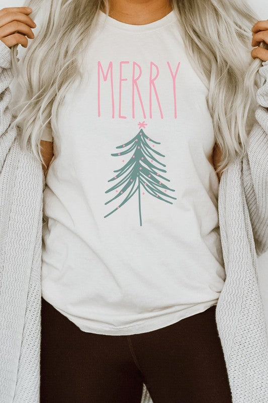 Pastel Merry Christmas Tree Graphic Tee - (White)