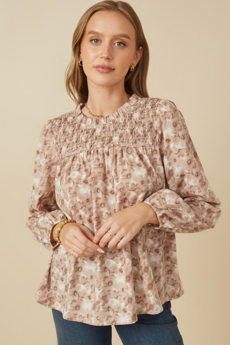 Women&#39;s Floral Smocked Long Sleeve Top - (Taupe)