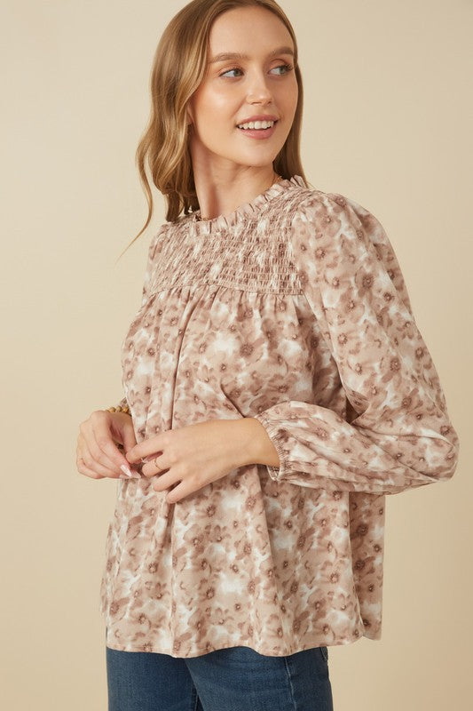 Women&#39;s Floral Smocked Long Sleeve Top - (Taupe)