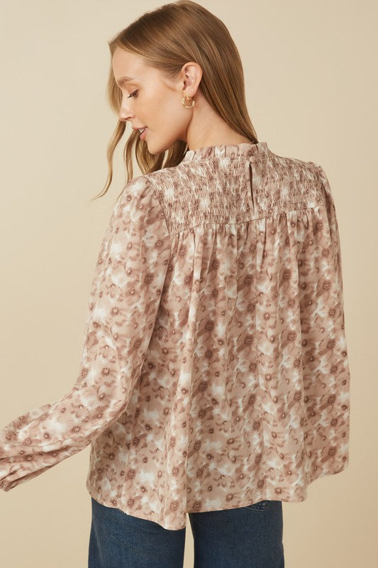 Women&#39;s Floral Smocked Long Sleeve Top - (Taupe)