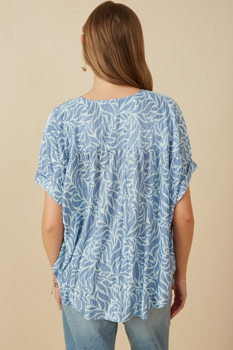 Womens Textured Abstract Print Tie Detail Top - Blue