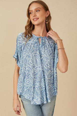 Womens Textured Abstract Print Tie Detail Top - Blue