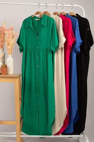 Oversized Solid Linen Woven Midi Dress - (Kelly Green)