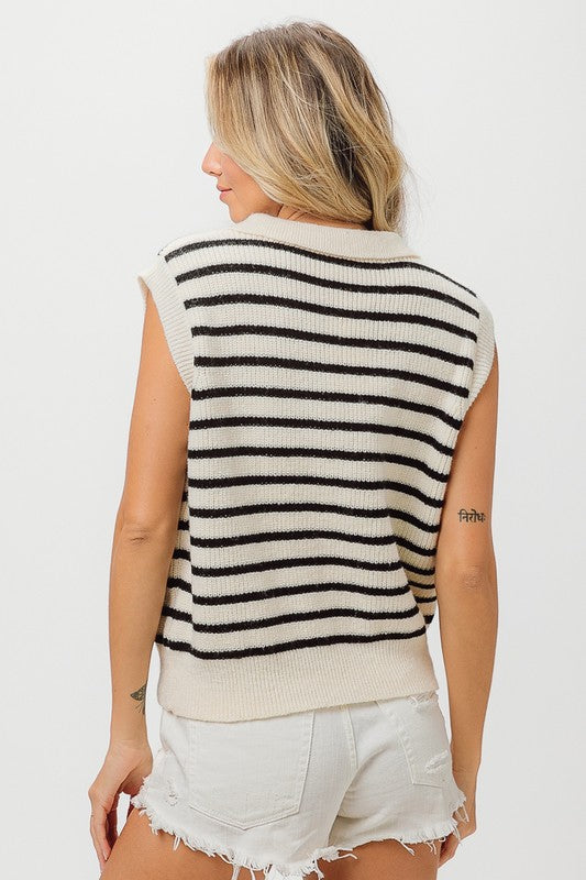 STRIPED HALF BUTTONED COLLARED SWEATER VEST - (Ivory/Black)