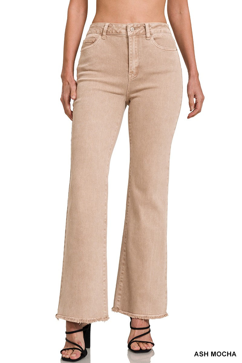 ACID WASHED FRAYED CUTOFF HEM STRAIGHT WIDE PANTS - (Ash Mocha)