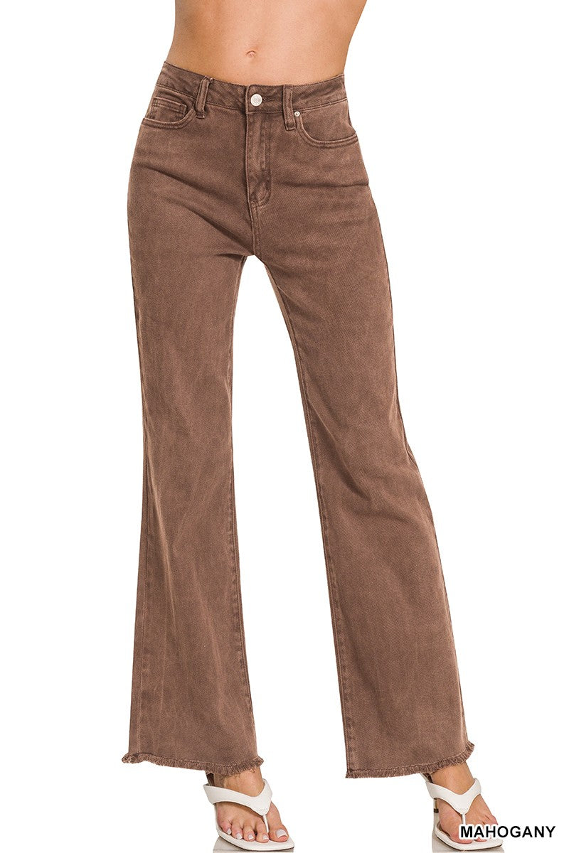 ACID WASHED FRAYED CUTOFF HEM STRAIGHT WIDE PANTS - (Mahogany)