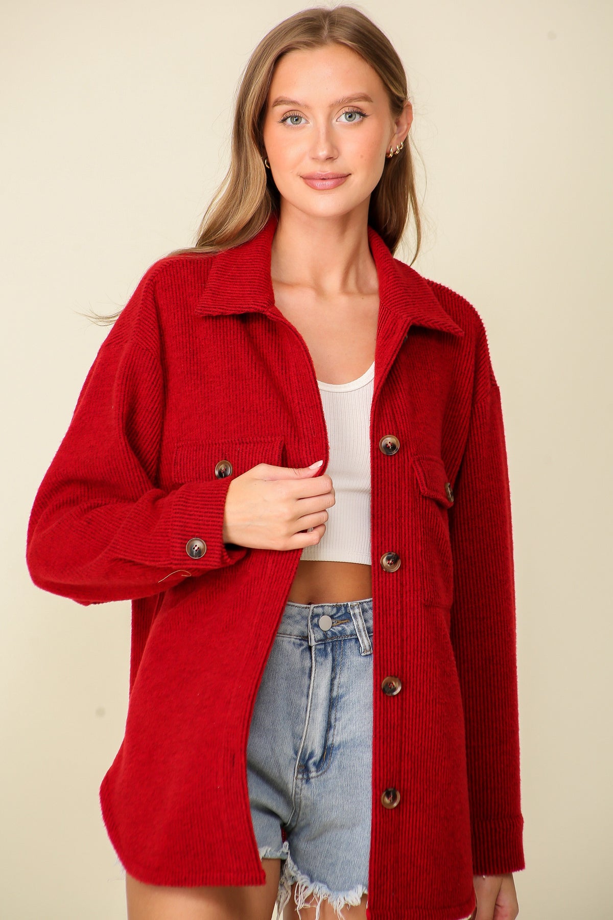 Cozy brushed waffle oversized shacket - (Dark Red)