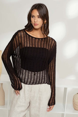 SHEER CROCHET LADDER KNIT PULLOVER SWEATER - (Black)