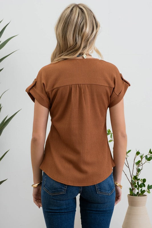 SHORT TAB SLEEVE LACE TRIM CRINKLE KNIT BLOUSE - (Cinnamon)