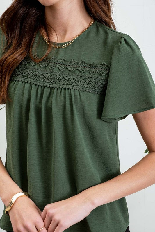 LACE TRIM SHORT BELL SLEEVE BLOUSE - (Hunter Green)