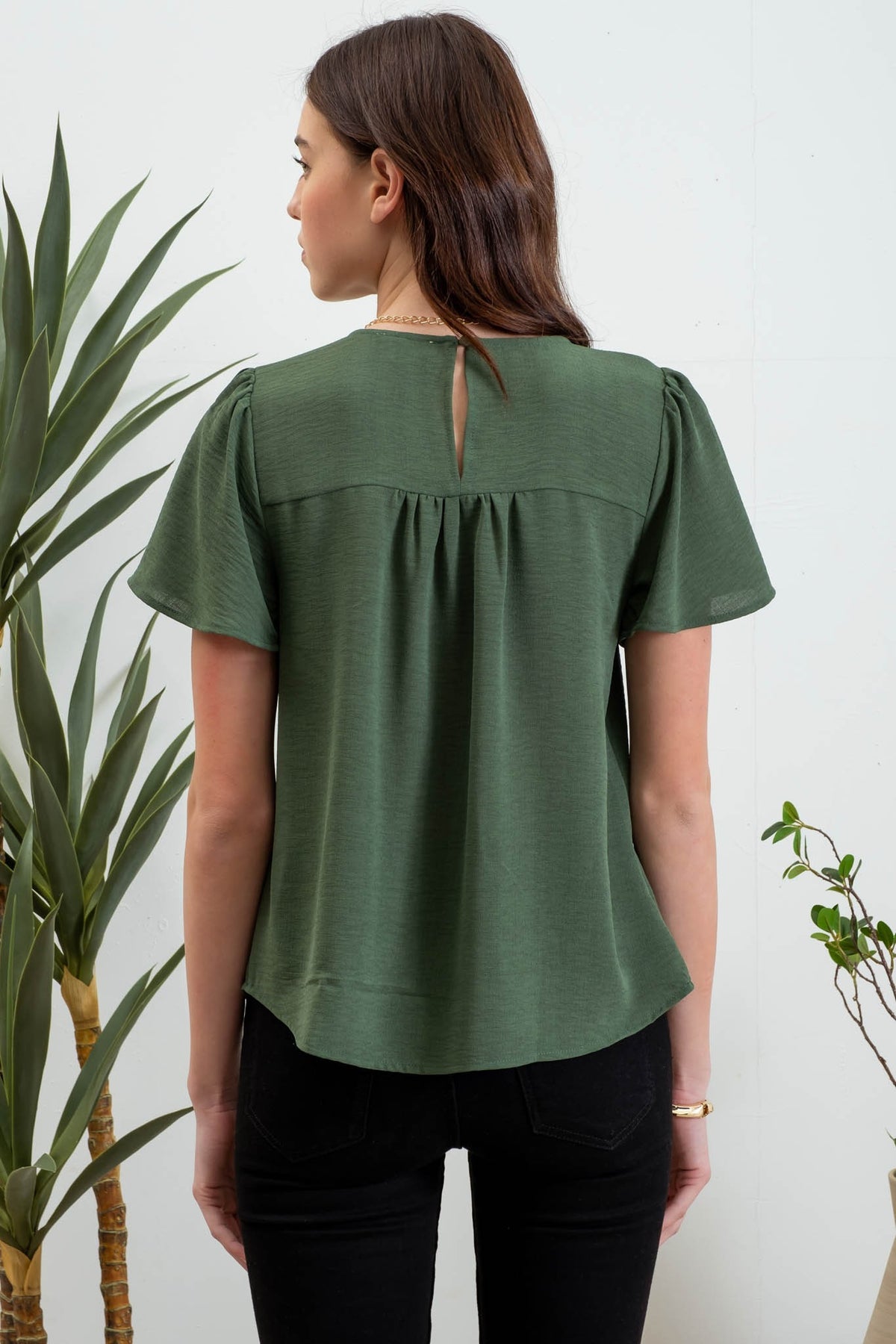 LACE TRIM SHORT BELL SLEEVE BLOUSE - (Hunter Green)