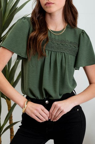 LACE TRIM SHORT BELL SLEEVE BLOUSE - (Hunter Green)