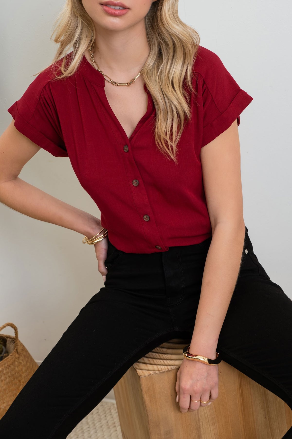 SHORT ROLL SLEEVE BUTTON DOWN SHIRT - (Rosewood)