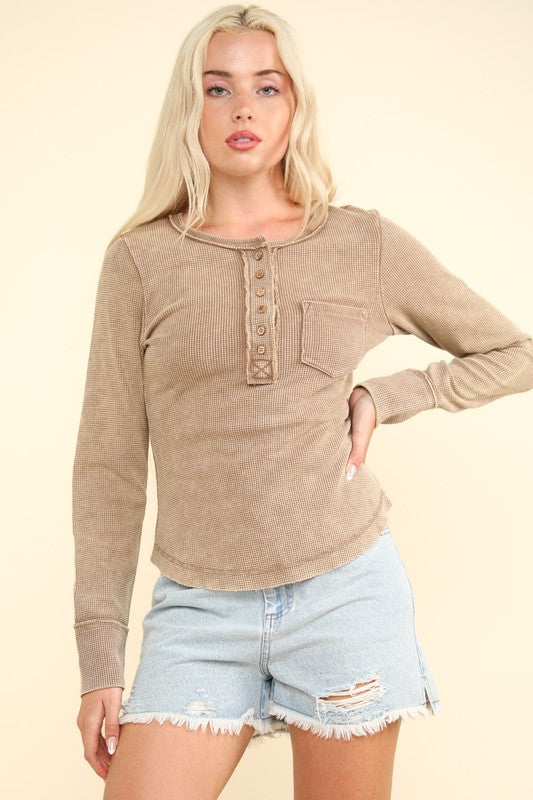 Button Down Washed Waffle Knit Top - (Mocha)