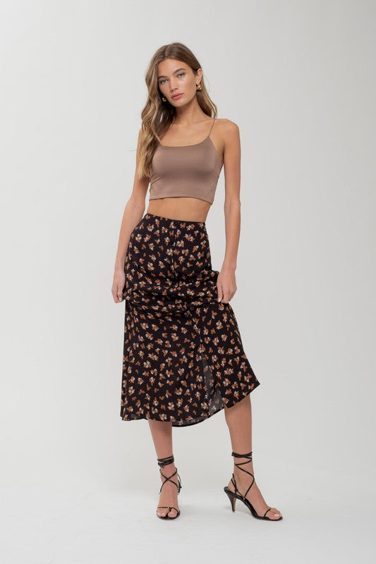 FLORAL BUTTON FRONT SPLIT HEM MIDI SKIRT - (Black)