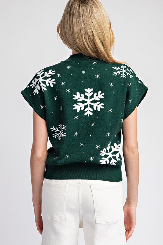 SNOWFLAKE SHORT SLEEVE SWEATER TOP - (Hunter Green)